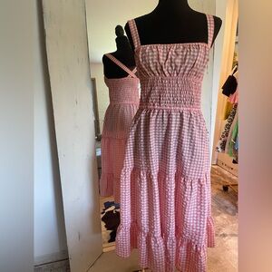 BCBGeneration Pink Gingham Ruffle Tiered Midi Dress